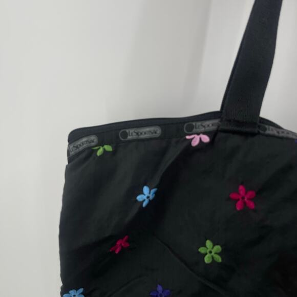 LESPORTSAC Bag Flower Embroidery Black Zipper Tote Lightweight Travel MultiColor - Picture 14 of 16